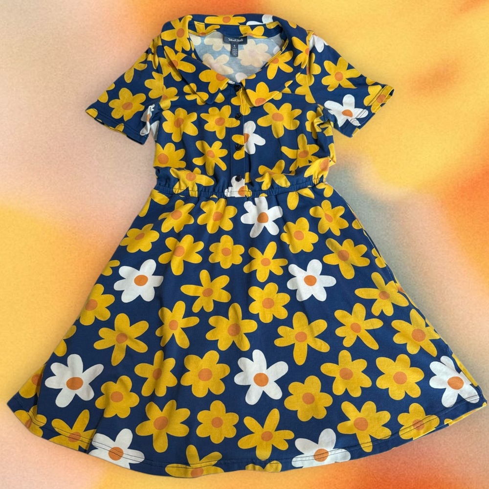 🌼 ModCloth Fun Playful Blue Yellow White Floral Flowers Cotton Collared Dress🌼